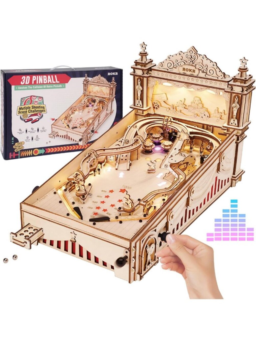 3D Wooden Puzzle Pinball Machine - Circus Style Tabletop Game, Fun DIY Craft